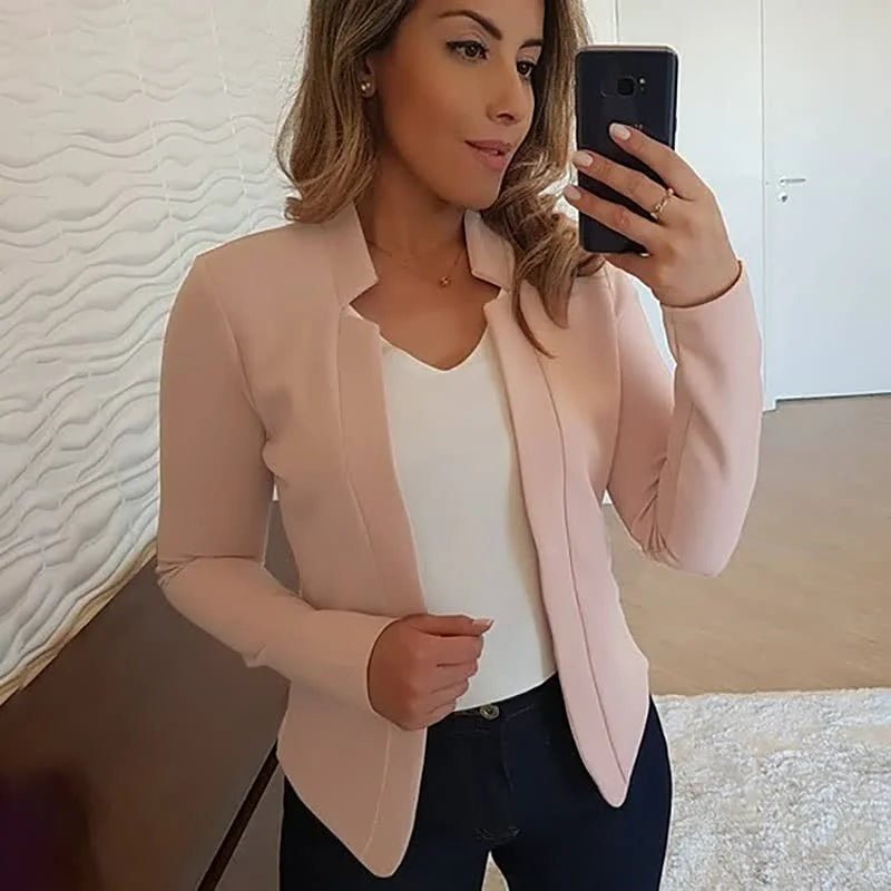 Women's Open-Front Blazer with Notched Collar & Long Sleeves - Front Wavy Wall