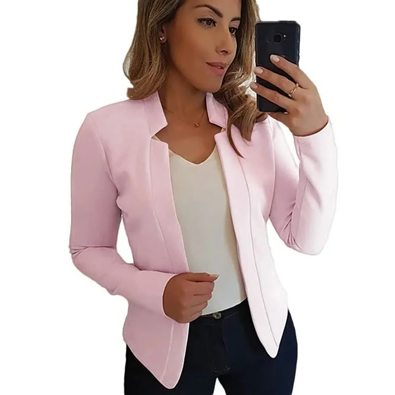 Light Pink Women's Open-Front Blazer with Notched Collar & Long Sleeves - Studio White Bg
