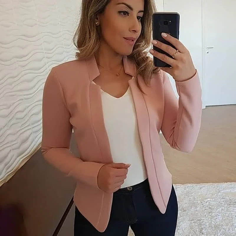 Beige Women's Open-Front Blazer with Notched Collar & Long Sleeves