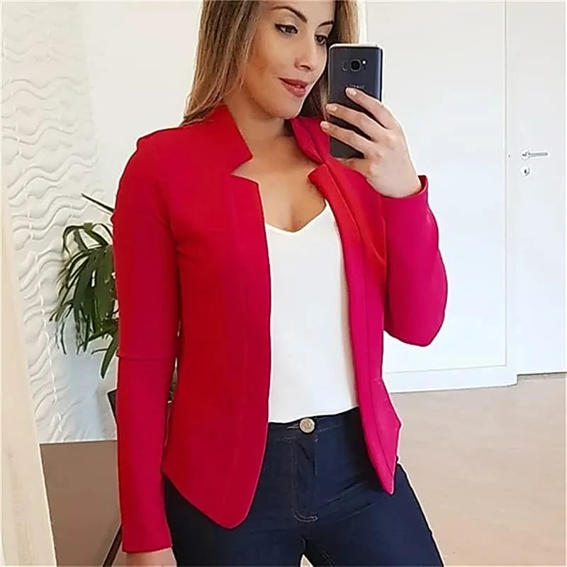 Red Women's Open-Front Blazer with Notched Collar & Long Sleeves — Lucia - Front Plain Background