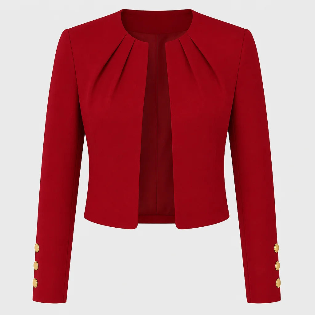 Red Women's Cropped Open-Front Blazer with Pleated Neckline & Button Cuffs