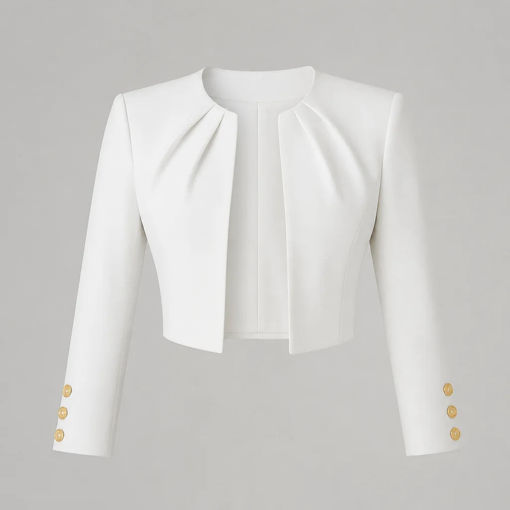 White Women's Cropped Open-Front Blazer with Pleated Neckline & Button Cuffs - Studio Front
