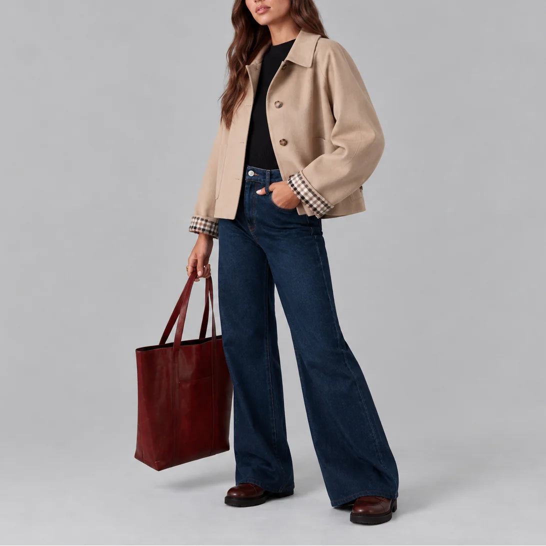 Women's Cropped Trench Coat with Trench-Inspired Details & Plaid-Lined Cuffs - Side Pose Bag