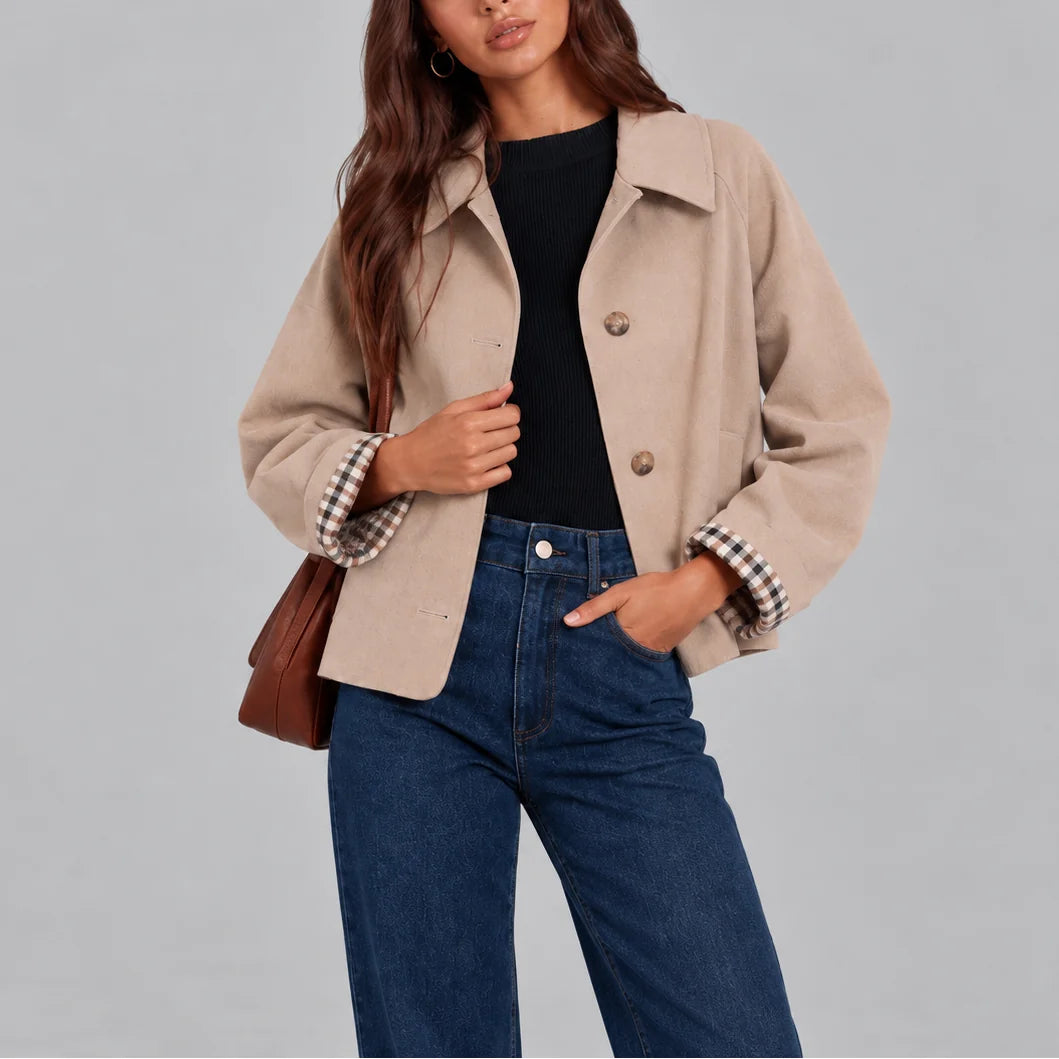 Beige Women's Cropped Trench Coat with Trench-Inspired Details & Plaid-Lined Cuffs