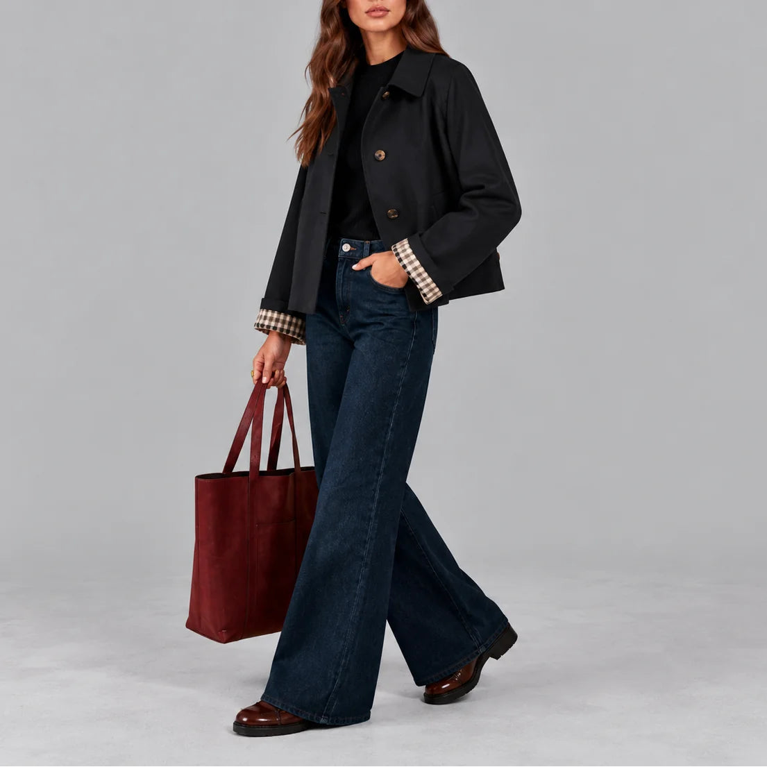 Women's Cropped Trench Coat with Trench-Inspired Details & Plaid-Lined Cuffs - Side Walking Detail