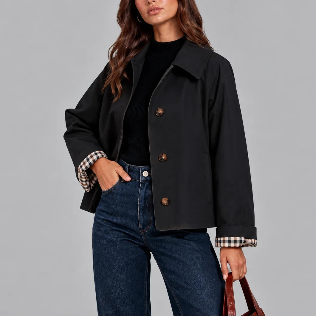 Black Women's Cropped Trench Coat with Trench-Inspired Details & Plaid-Lined Cuffs