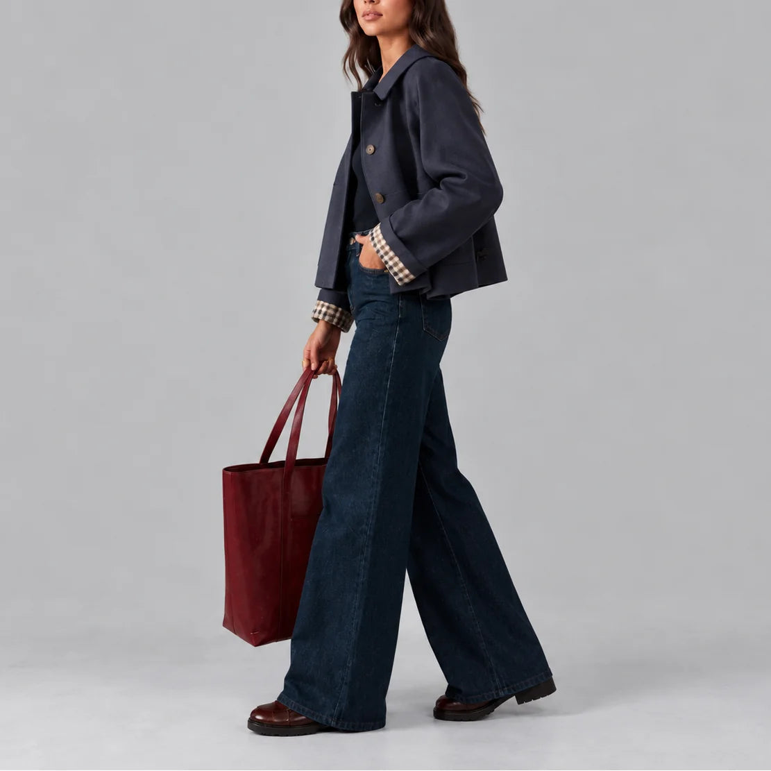 Women's Cropped Trench Coat with Trench-Inspired Details & Plaid-Lined Cuffs - Side Profile Walk