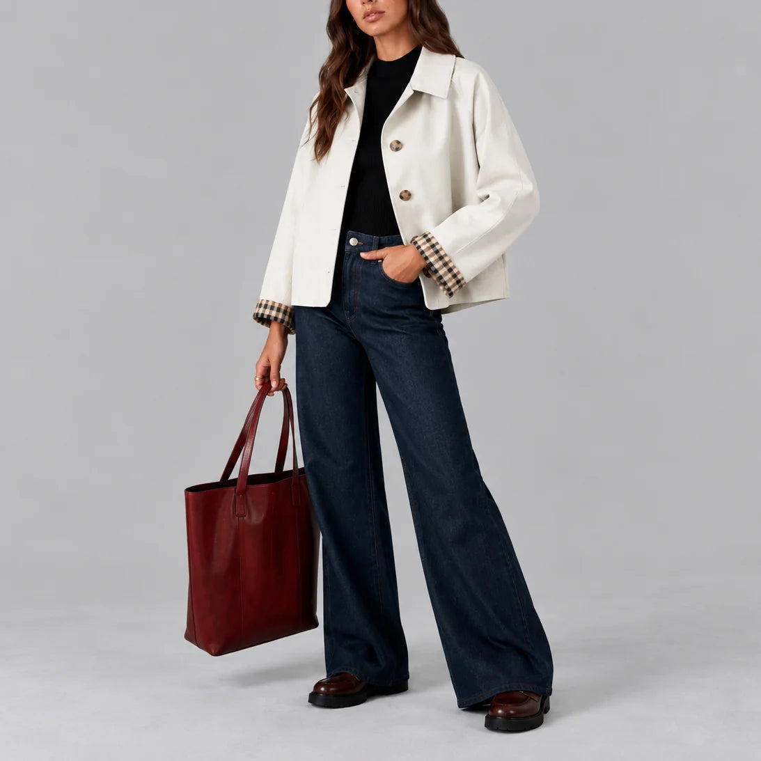 White Women's Cropped Trench Coat with Trench-Inspired Details & Plaid-Lined Cuffs