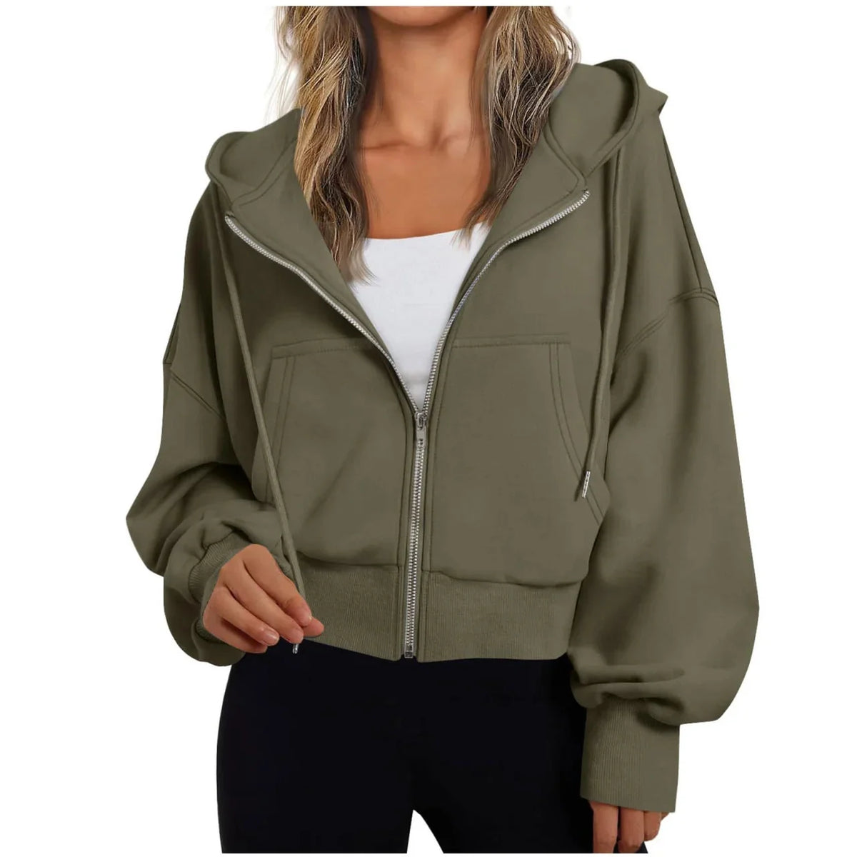 Army Green Women's Zip Hoodie with Relaxed Fit & Drawstring Hood - Front Detail