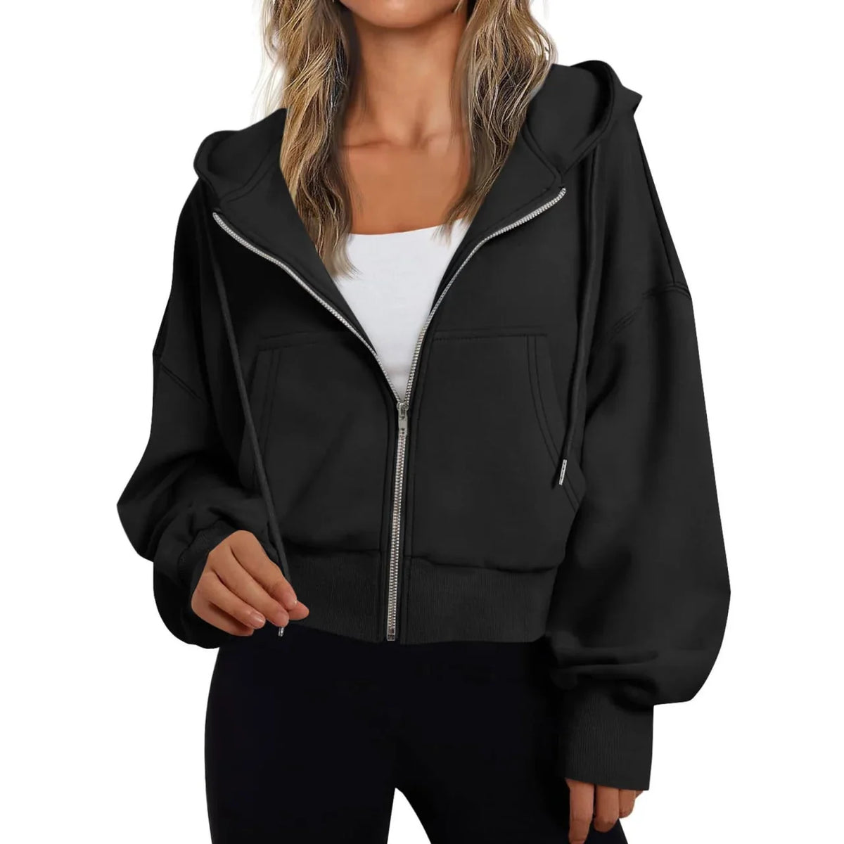Black Women's Zip Hoodie with Relaxed Fit & Drawstring Hood