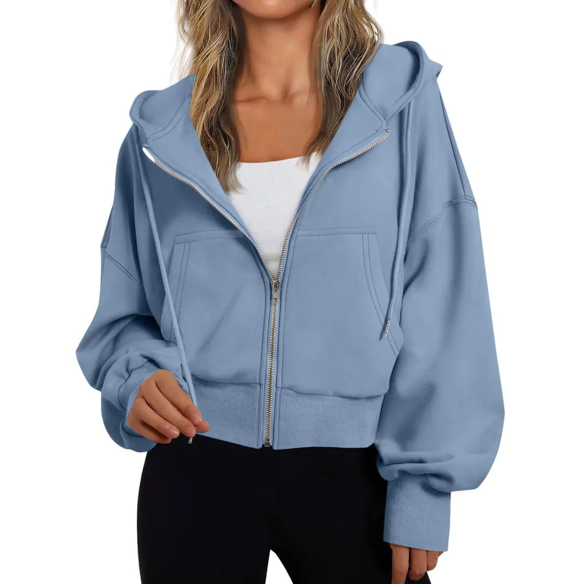 Blue Women's Zip Hoodie with Relaxed Fit & Drawstring Hood