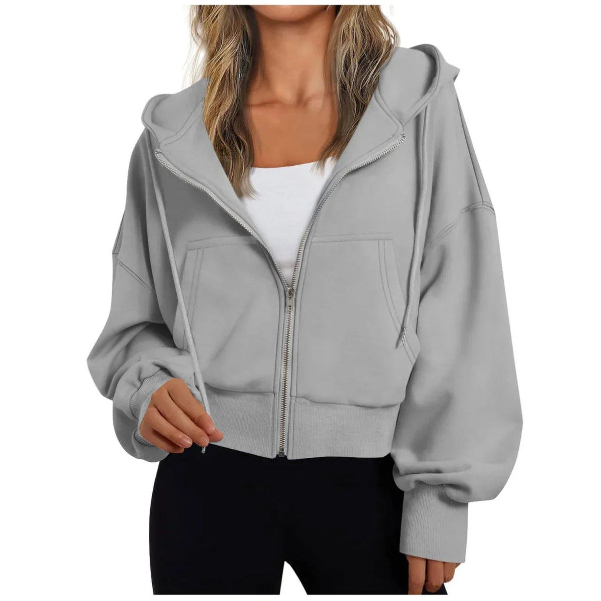 Grey Women's Zip Hoodie with Relaxed Fit & Drawstring Hood