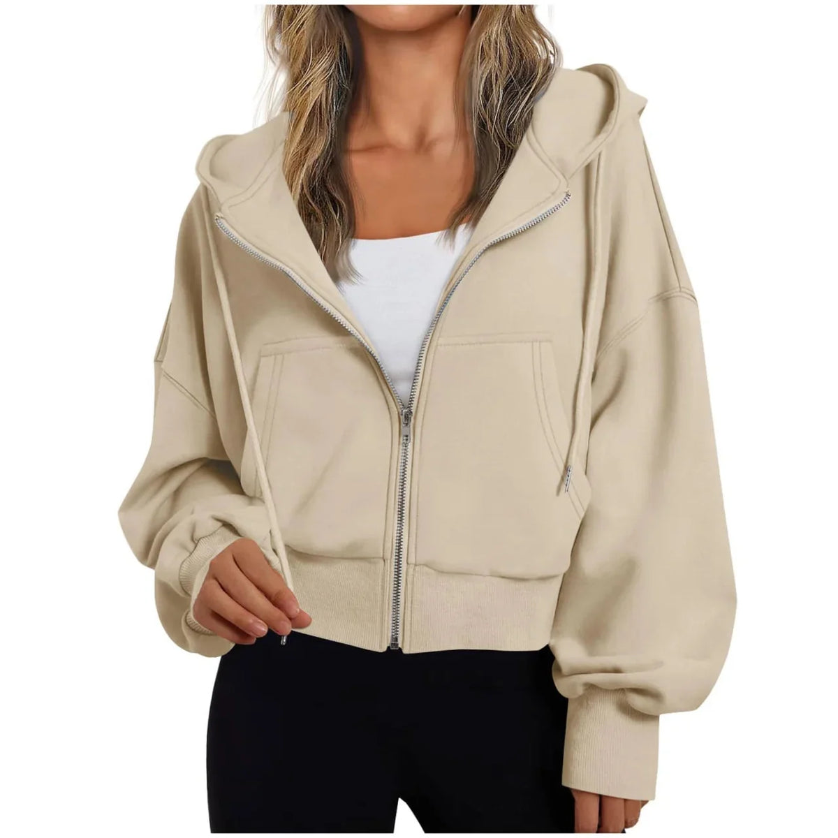 Khaki Women's Zip Hoodie with Relaxed Fit & Drawstring Hood - Front Portrait