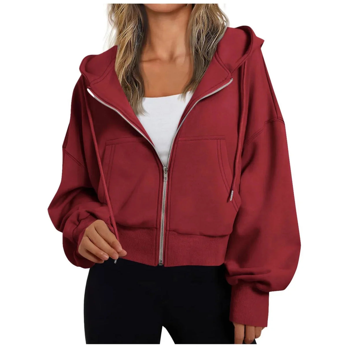Red Women's Zip Hoodie with Relaxed Fit & Drawstring Hood