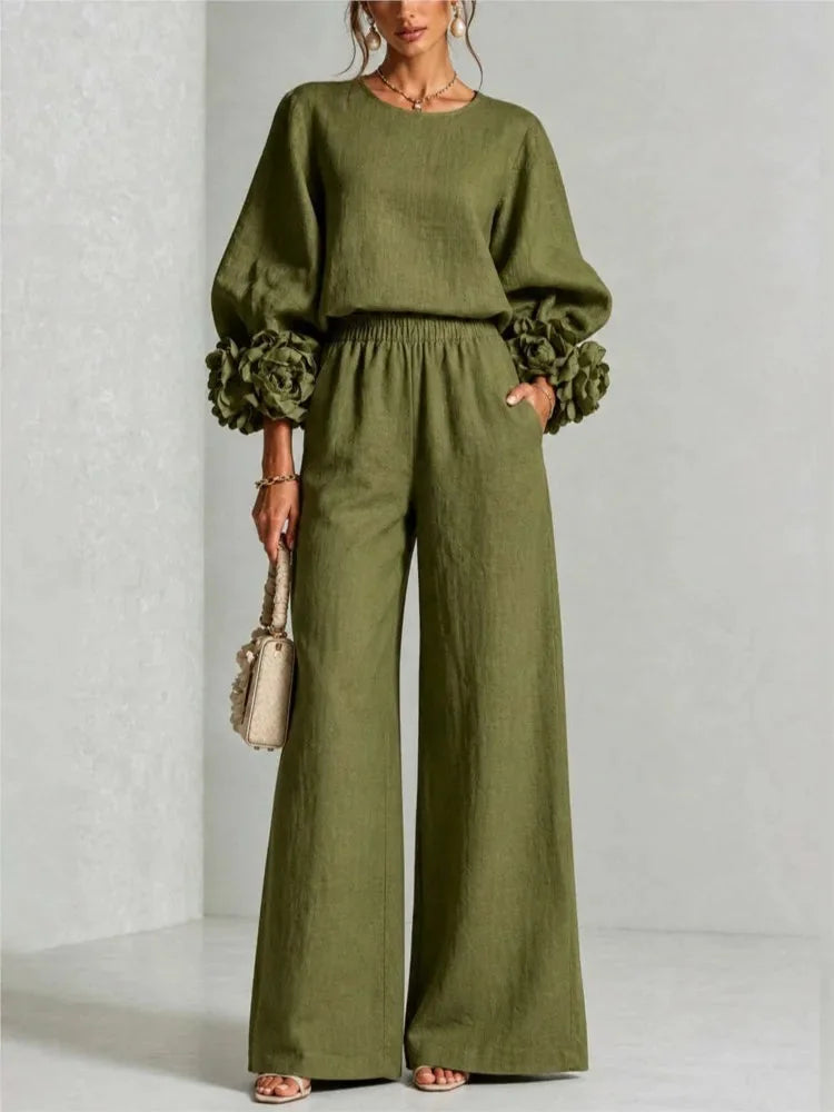 Army Green Women's Floral Cuff Set with Balloon Sleeves & Wide Leg Pants
