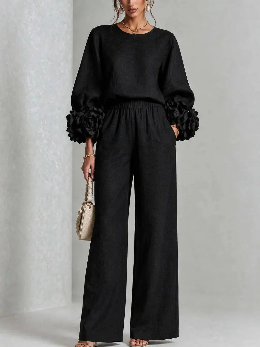 Black Women's Floral Cuff Set with Balloon Sleeves & Wide Leg Pants
