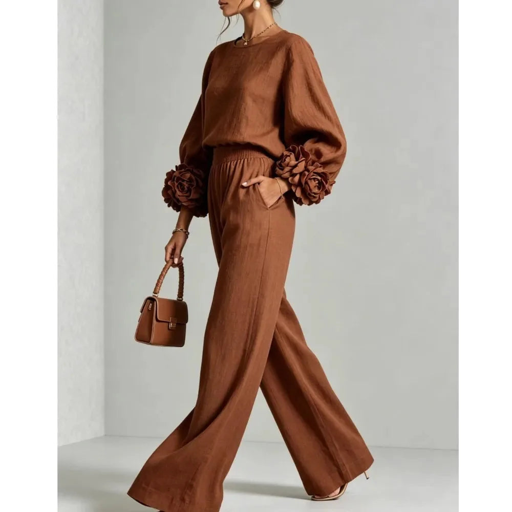 Dark Brown Women's Floral Cuff Set with Balloon Sleeves & Wide Leg Pants