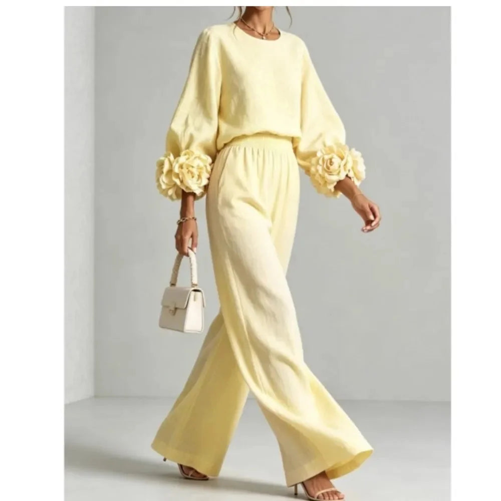 Light Yellow Women's Floral Cuff Set with Balloon Sleeves & Wide Leg Pants