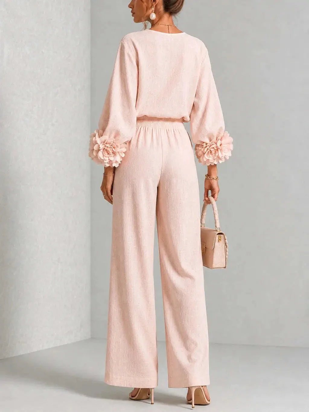 Women's Floral Cuff Set with Balloon Sleeves & Wide Leg Pants - Back Full Pose