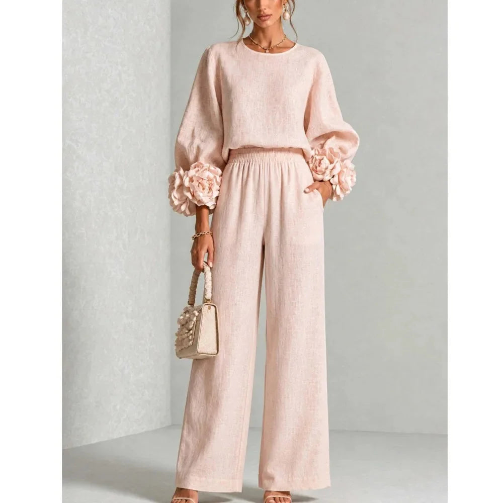 Women's Floral Cuff Set with Balloon Sleeves & Wide Leg Pants - Front Full Pose