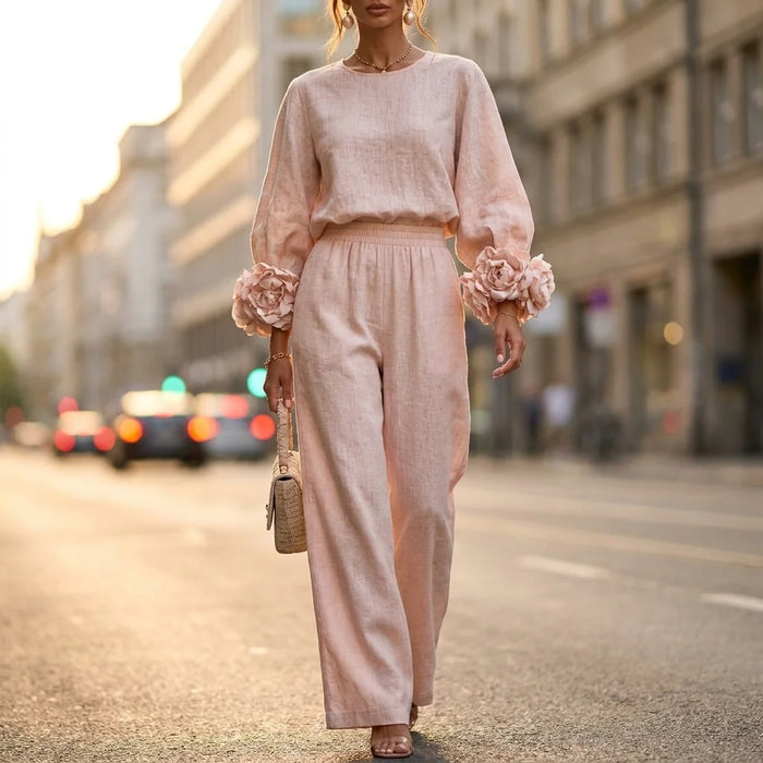 Pink Women's Floral Cuff Set with Balloon Sleeves & Wide Leg Pants - Outdoor Full Walking