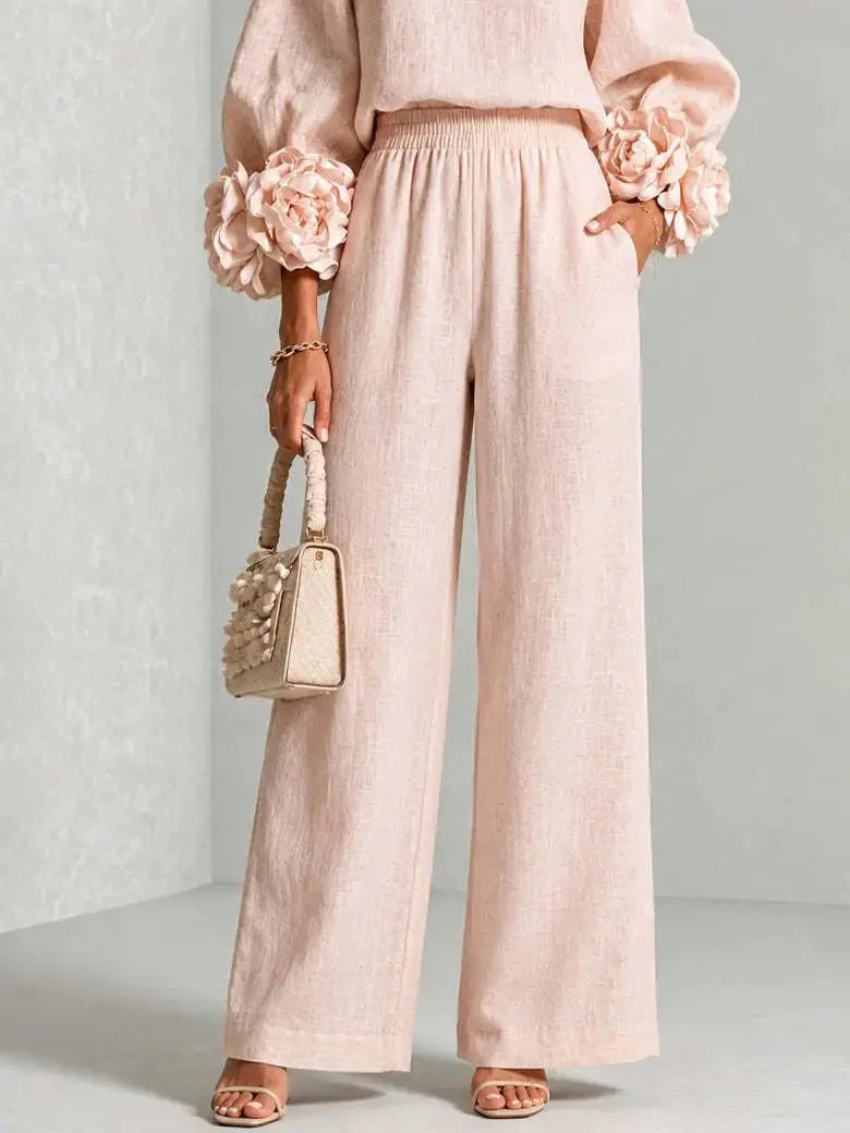 Women's Floral Cuff Set with Balloon Sleeves & Wide Leg Pants - Pants Close Up