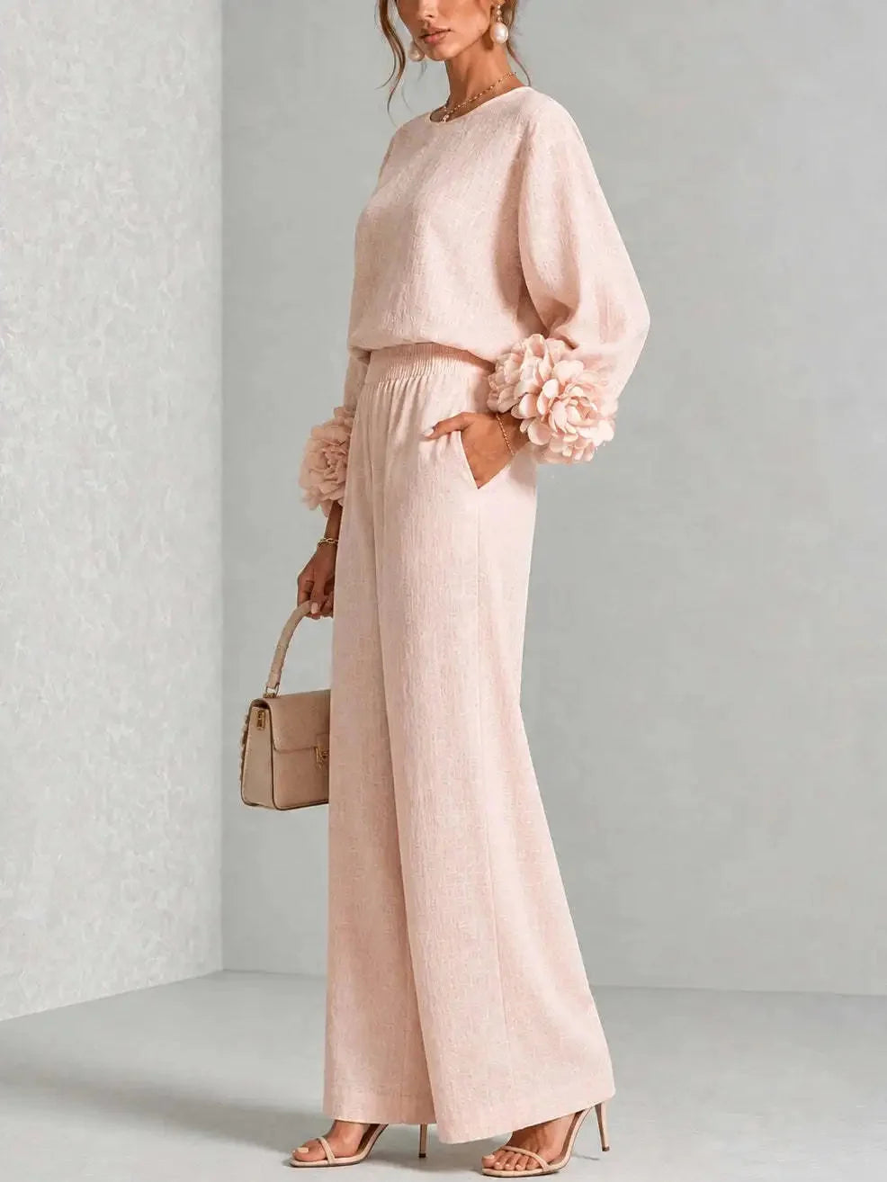 Women's Floral Cuff Set with Balloon Sleeves & Wide Leg Pants - Side Pose