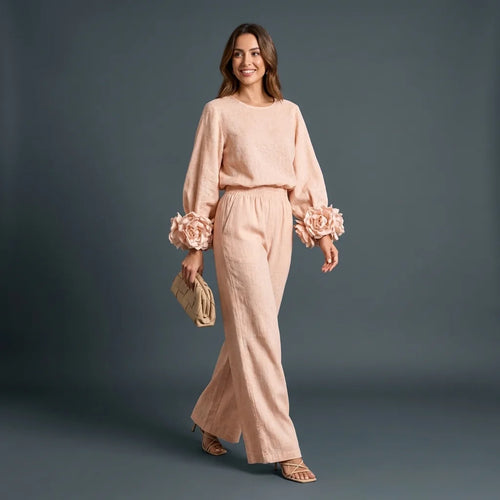 Women's Floral Cuff Set with Balloon Sleeves & Wide Leg Pants - Studio Full Walking