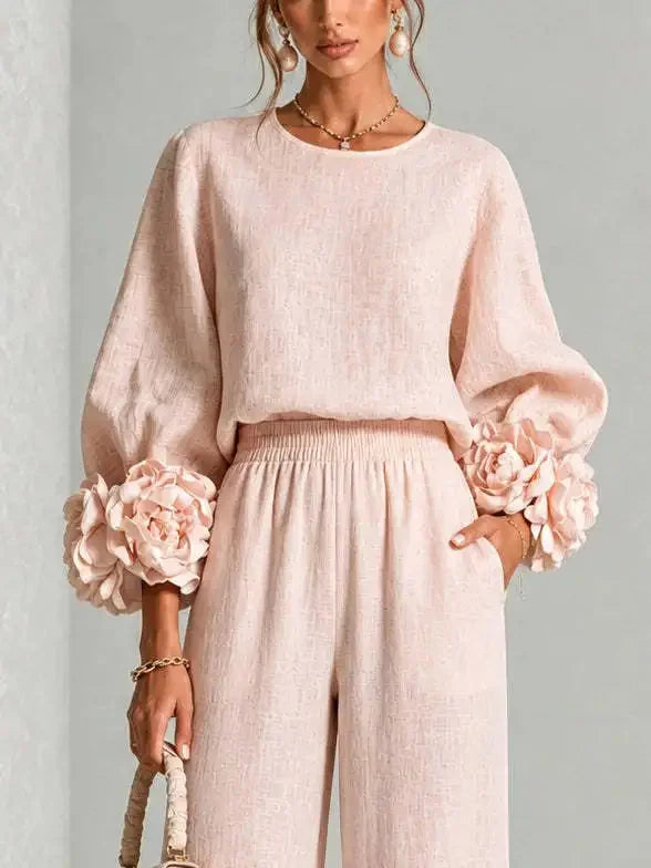 Women's Floral Cuff Set with Balloon Sleeves & Wide Leg Pants