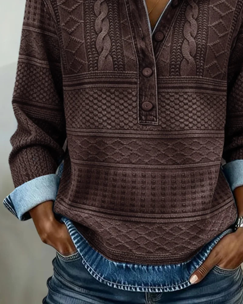 Women's Denim Look Sweatshirt with Button Placket & Relaxed Fit - Close Up Hem
