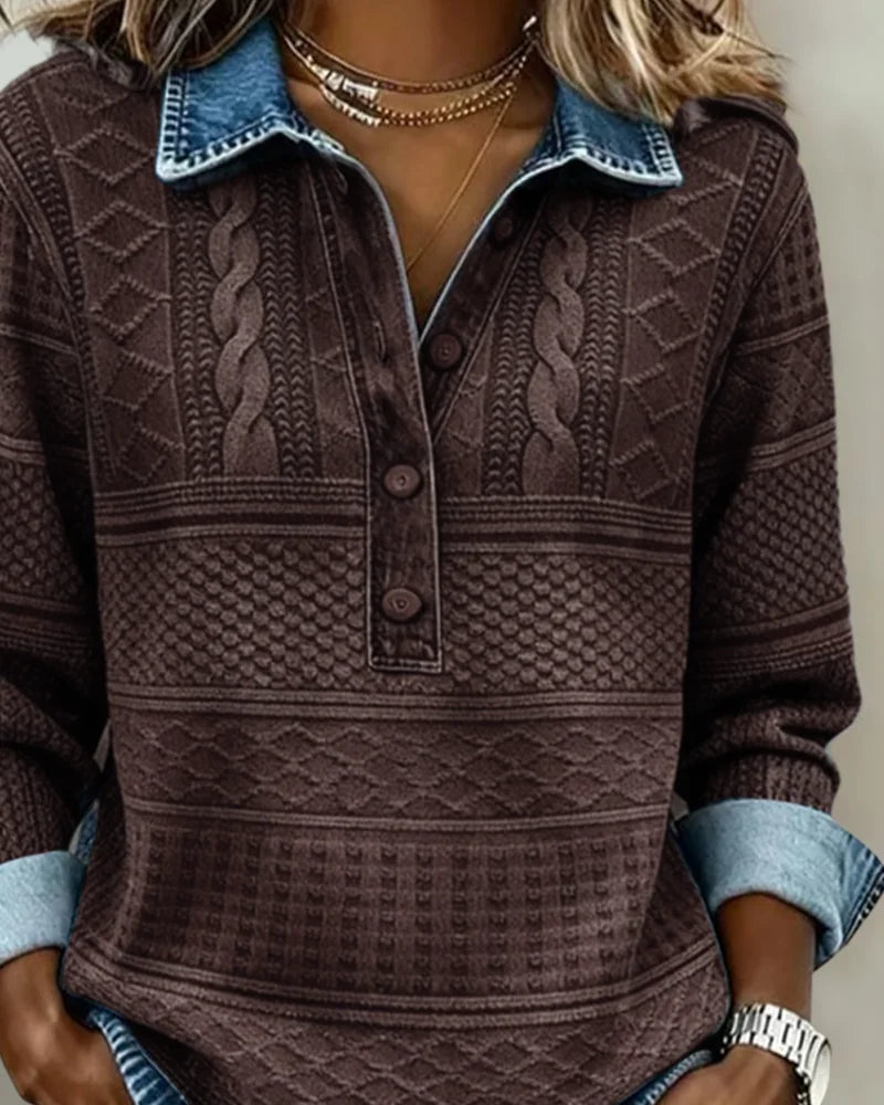 Women's Denim Look Sweatshirt with Button Placket & Relaxed Fit - Close Up Neckline
