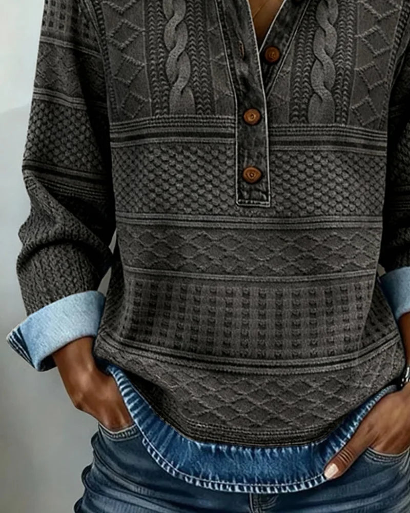 Women's Denim Look Sweatshirt with Button Placket & Relaxed Fit - Button Detail