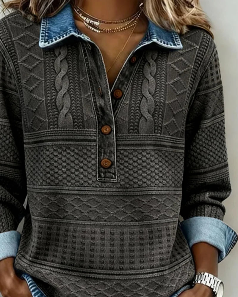 Women's Denim Look Sweatshirt with Button Placket & Relaxed Fit - Collar Detail
