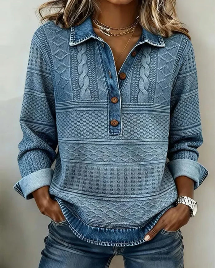 Ocean Blue Women's Denim Look Sweatshirt with Button Placket & Relaxed Fit - Front Full