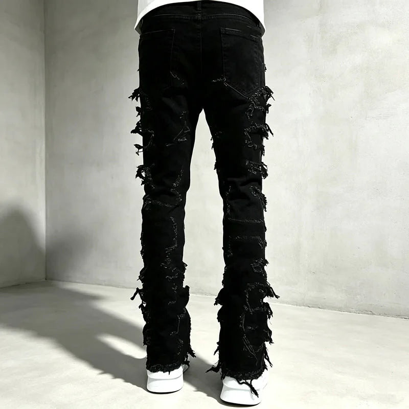 Black Men's Skinny Jeans with Distressed Denim & Frayed Detailing - Back Full