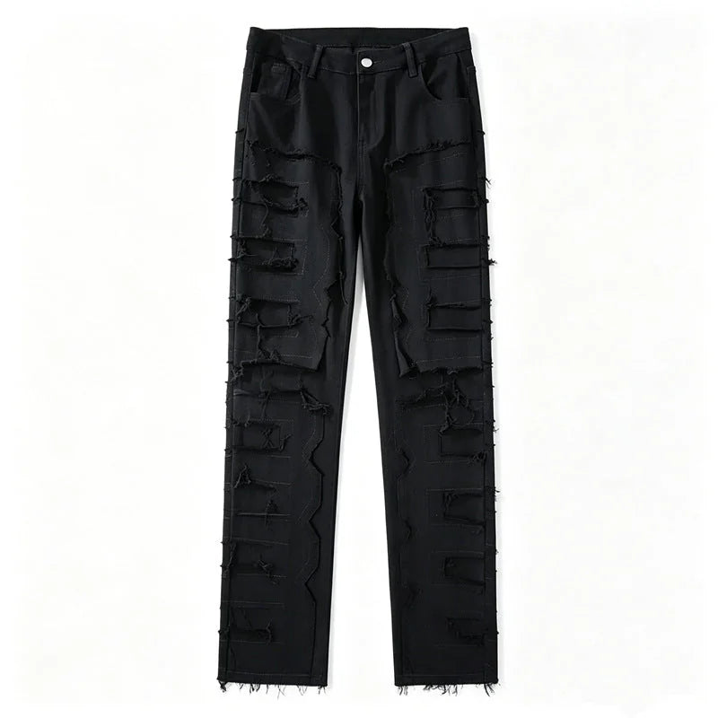 Black Men's Skinny Jeans with Distressed Denim & Frayed Detailing - Flat Lay
