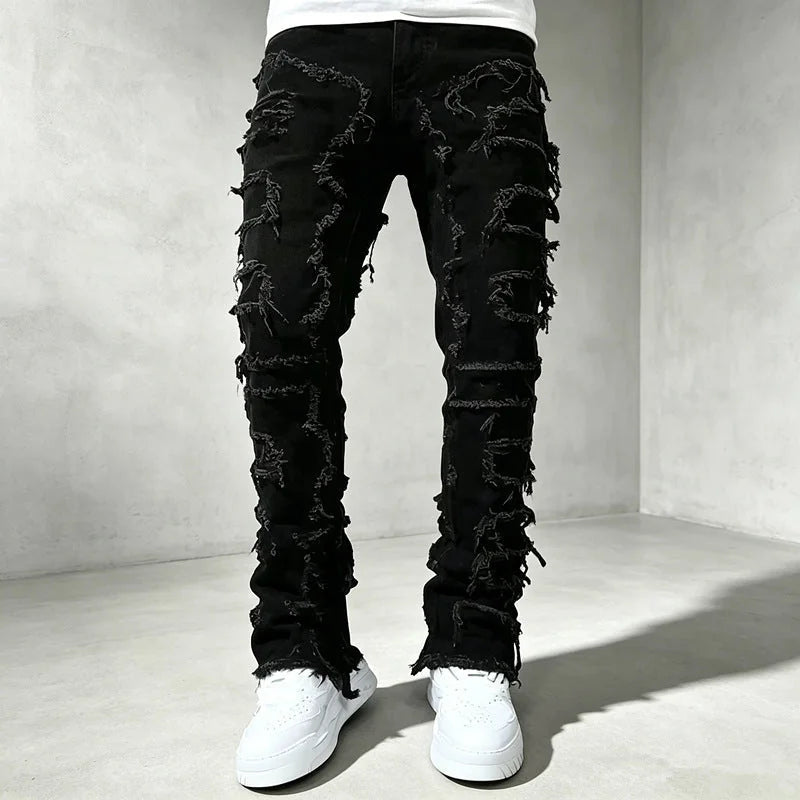 Black Men's Skinny Jeans with Distressed Denim & Frayed Detailing - Front Cropped