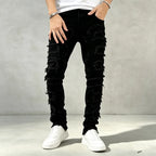 Black Men's Skinny Jeans with Distressed Denim & Frayed Detailing - Front Full Pose