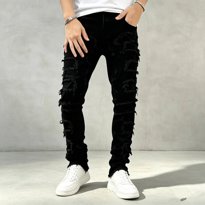Black Men's Skinny Jeans with Distressed Denim & Frayed Detailing - Front Full Pose