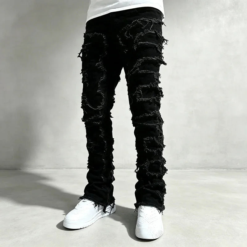 Black Men's Skinny Jeans with Distressed Denim & Frayed Detailing