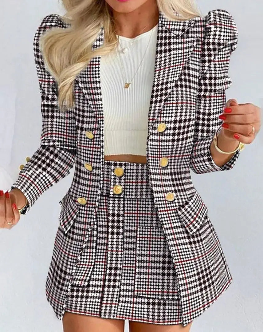 Black - Checkered Women's Double-Breasted Blazer Skirt Set with Puff Sleeves & Gold Buttons - Ternet Women's Double-Breasted B