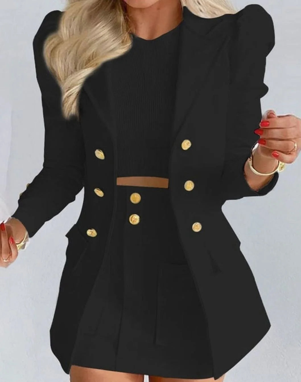 Black Women's Double-Breasted Blazer Skirt Set with Puff Sleeves & Gold Buttons