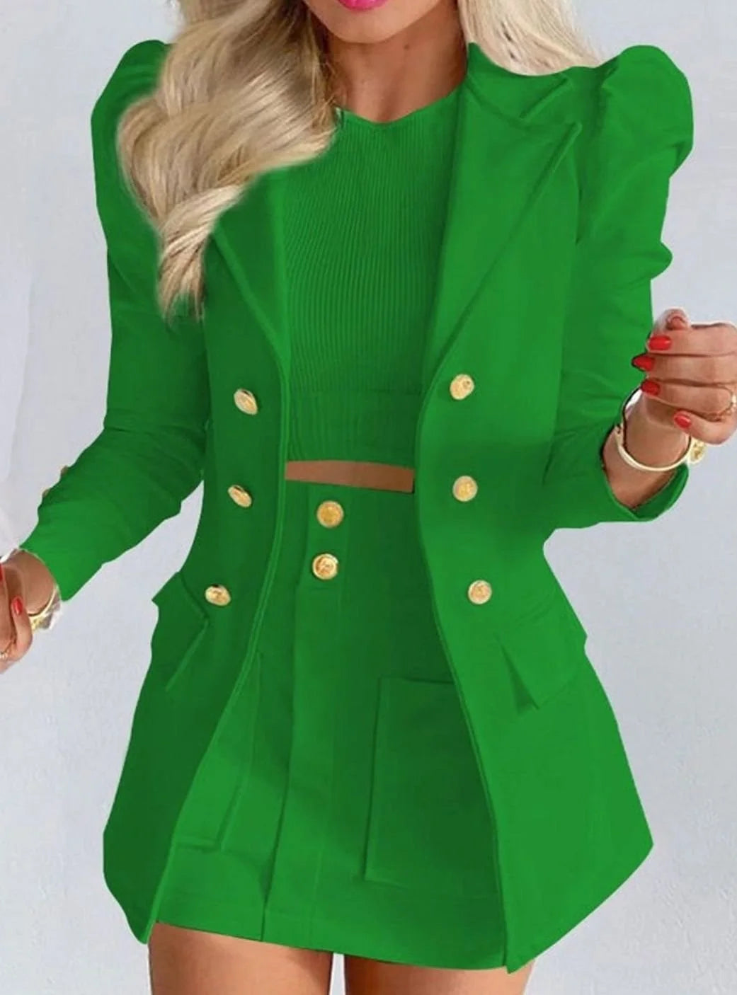 Green Women's Double-Breasted Blazer Skirt Set with Puff Sleeves & Gold Buttons - N