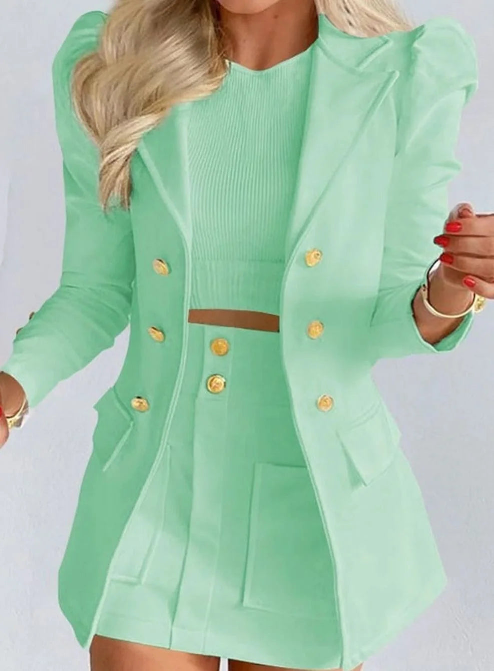 Light Green Women's Double-Breasted Blazer Skirt Set with Puff Sleeves & Gold Buttons - N