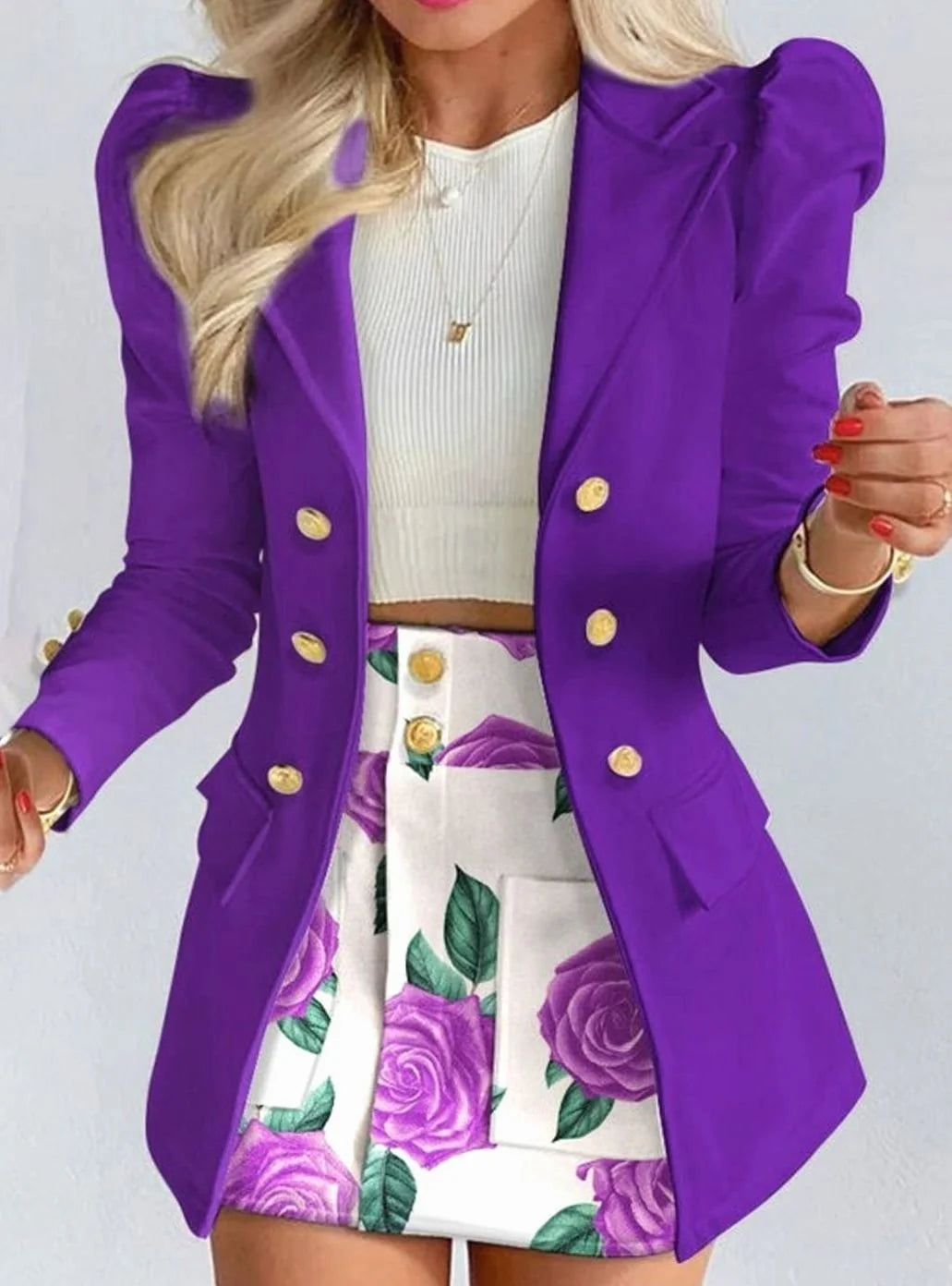 Purple Women's Double-Breasted Blazer Skirt Set with Puff Sleeves & Gold Buttons