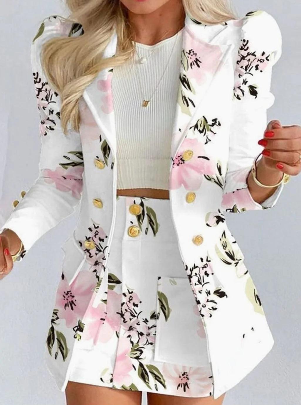 White - Floral Women's Double-Breasted Blazer Skirt Set with Puff Sleeves & Gold Buttons - Women's Double-Breasted Blazer S