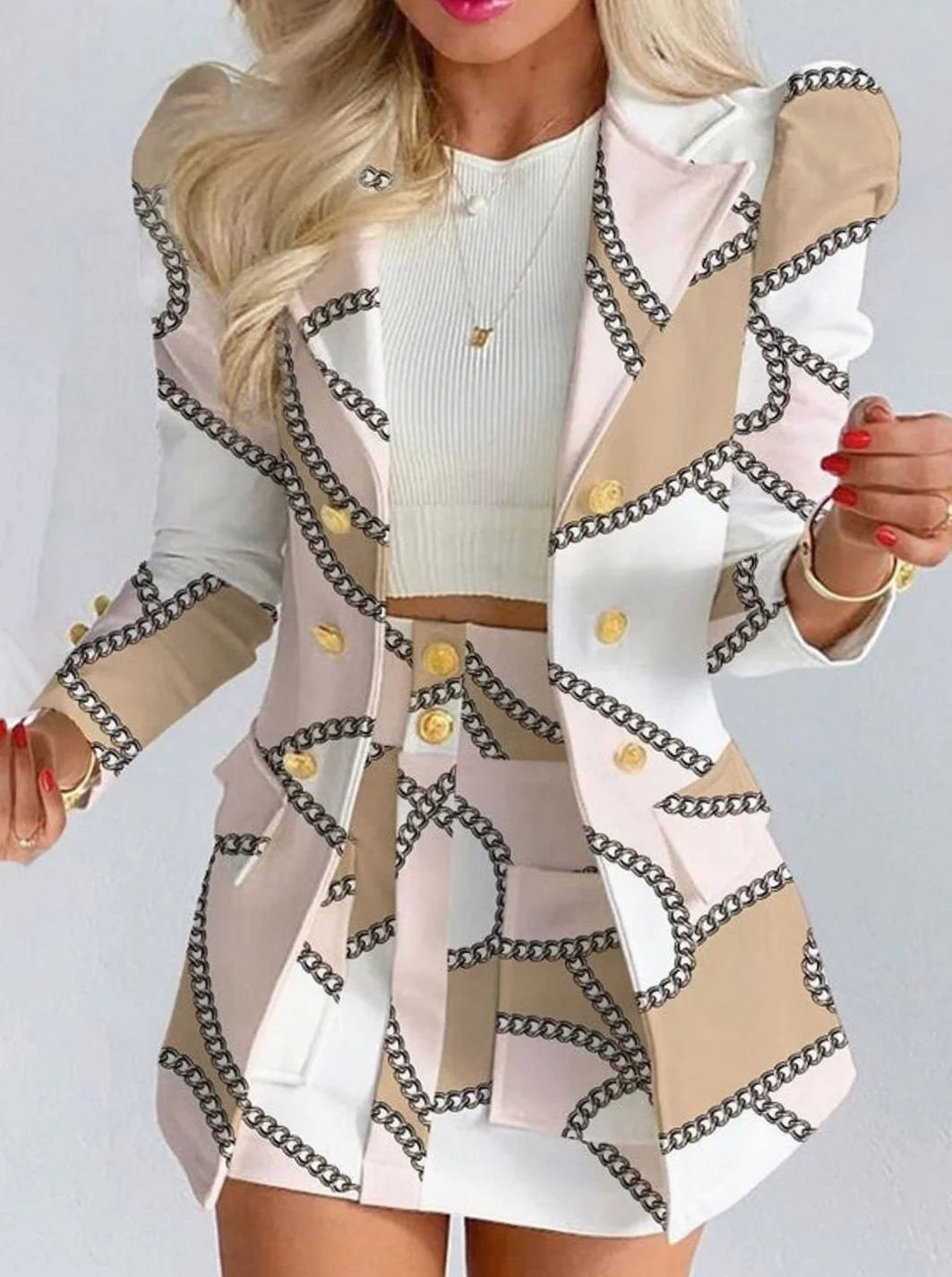 White - Chain Women's Double-Breasted Blazer Skirt Set with Puff Sleeves & Gold Buttons - K Der