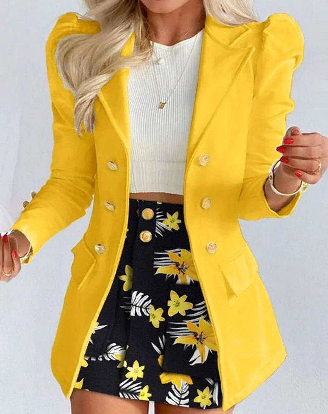 Yellow Women's Double-Breasted Blazer Skirt Set with Puff Sleeves & Gold Buttons