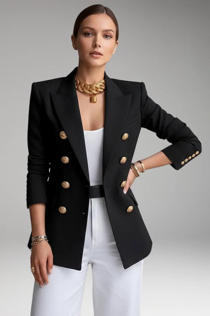 Black Women's Blazer with Double-Breasted Button Front & Peak Lapel