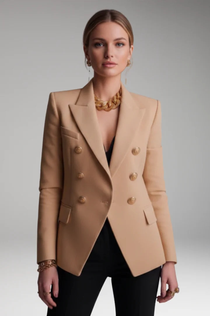 Khaki Women's Blazer with Double-Breasted Button Front & Peak Lapel